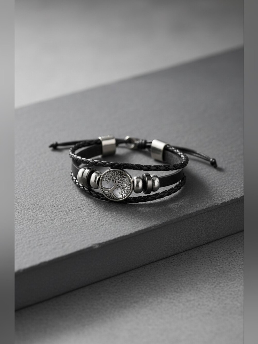 Braided Rope Black and Silver Tree Of Life Bracelet